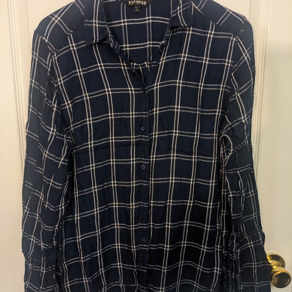 Express Navy Plaid Button-Up Shirt
